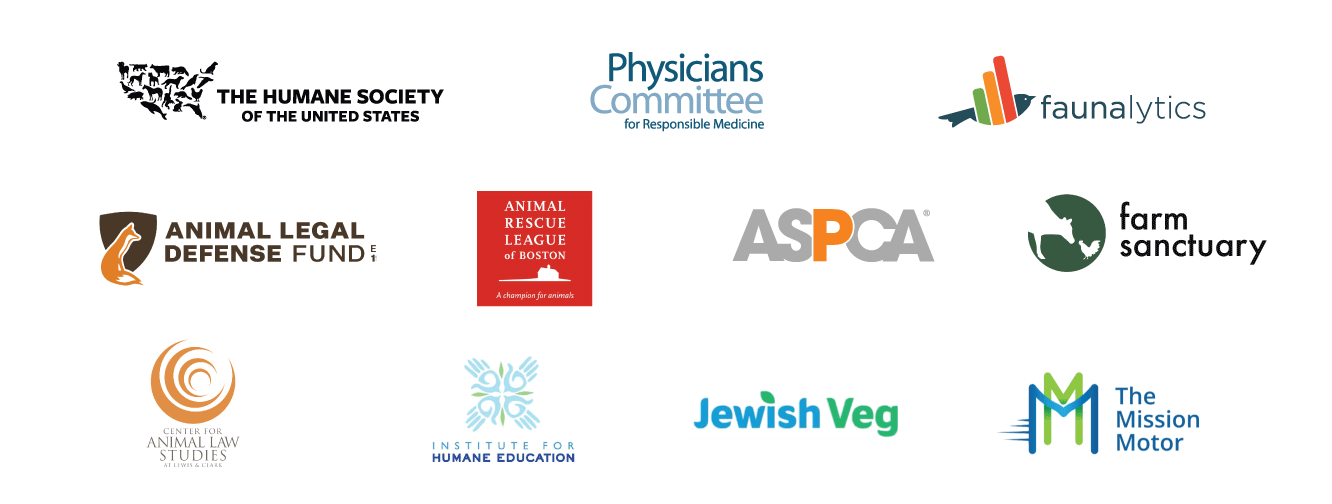 Logos for animal protection groups that have worked with Priority Visions, including HSUS, PCRM, ASPCA, Faunalytics and more.